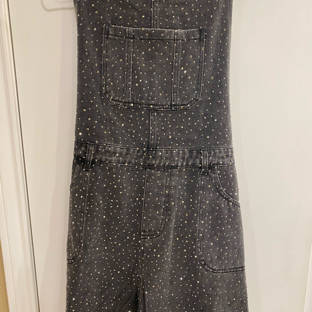 Stylish black jeweled overalls with Pocket Detail